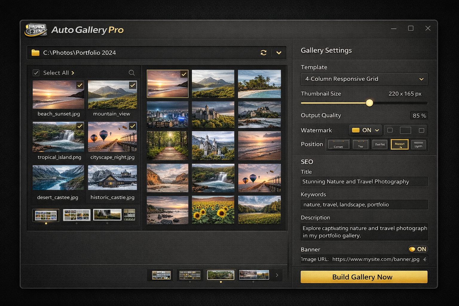 Auto Gallery Pro showing an image folder browser on the left and the gallery builder settings panel on the right with SEO fields, banner URL and template selector